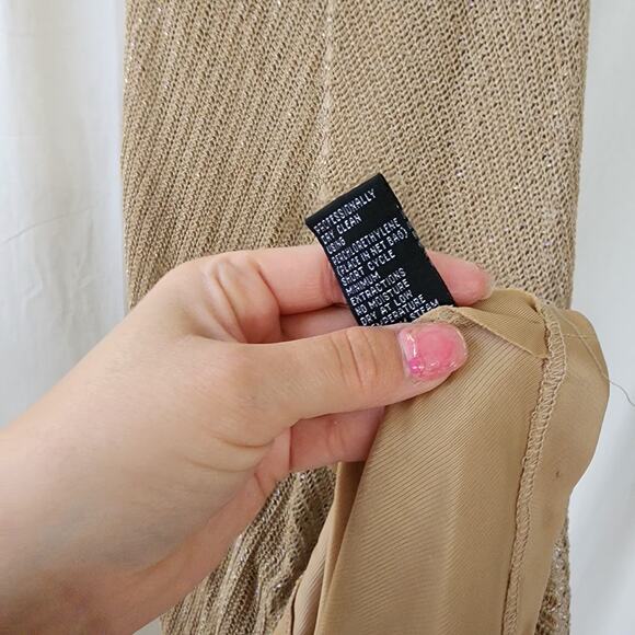 Carmen Marc Valvo Knit crochet Maxi Dress L tan gold All-over beaded formal vtg - Picture 9 of 13